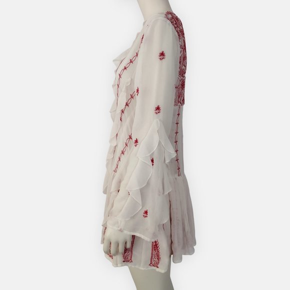 Free People White Chiffon Red Embroidered V Neck Boho Tunic Top - Picture 5 of 16